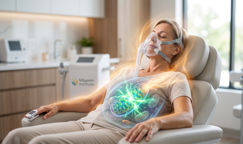 Es visualisiert die Verbindung zwischen der IHHT-Behandlung (die Maske) und der Wirkung direkt in der Zelle (die leuchtenden Mitochondrien). Der Kontrast zwischen dem kühlen Blau/Grün der Mitochondrien und dem warmen, goldenen Licht symbolisiert die Regeneration und die neue Energie, die der Patient tankt. Es passt perfekt zum professionellen und gleichzeitig gesundheitsfördernden Stil des Vitamin Institutes.